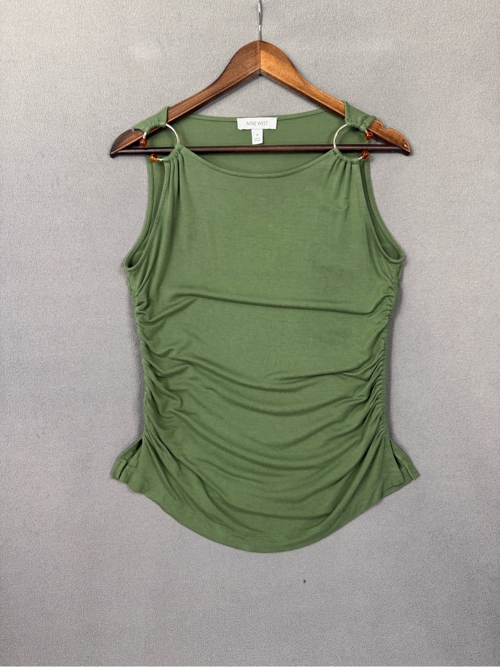 Y2K Nine West Olive Green Side Scrunch Ruched Tank w/ Circle Strap Detail, M